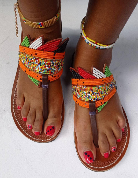 Handmade African Beaded Sandals/Authentic Maasai-Style Leather Flip-Flops Women/Boho Beach Sandals/Comfortable Summer Sandal African Gifts