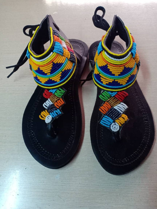 Handmade African Beaded Sandals/Authentic Maasai-Style Leather Flip-Flops Women/Boho Beach Sandals/Comfortable Summer Sandal African Gifts