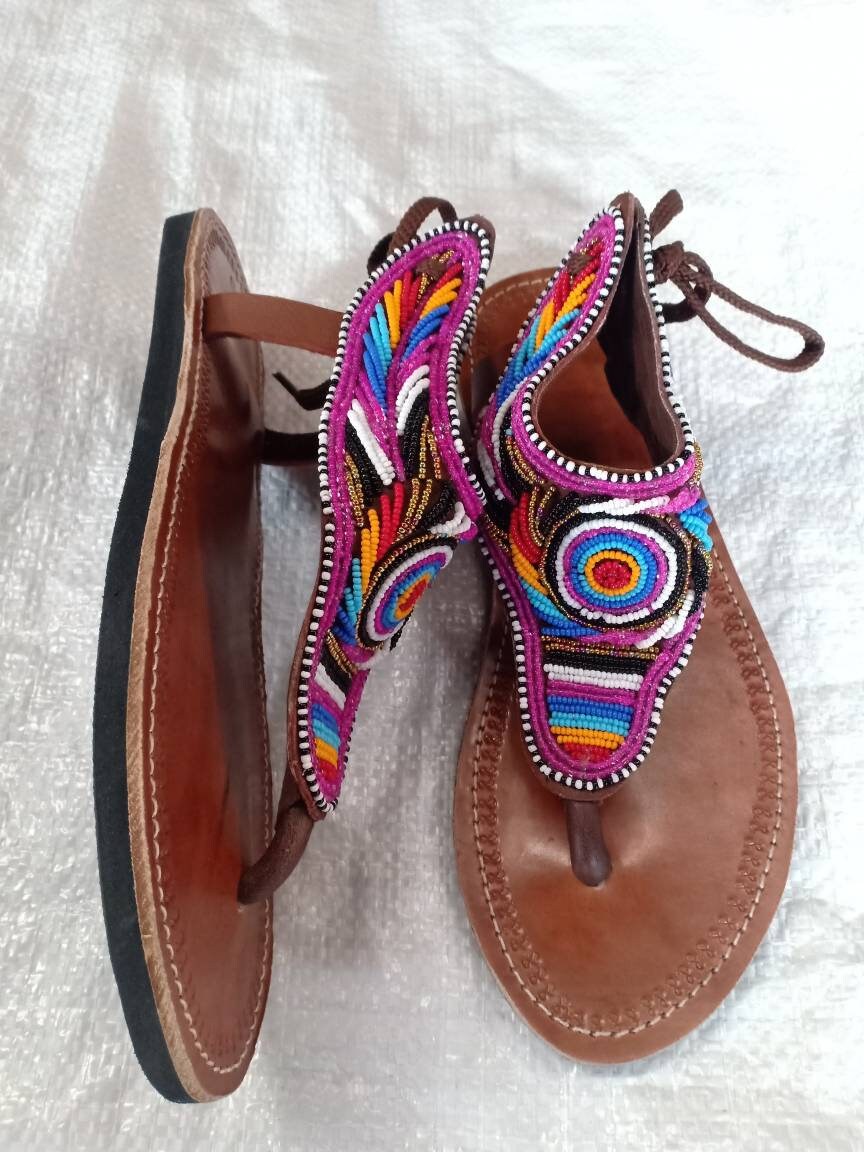 Handmade African Beaded Sandals/Authentic Maasai-Style Leather Flip-Flops Women/Boho Beach Sandals/Comfortable Summer Sandal African Gifts