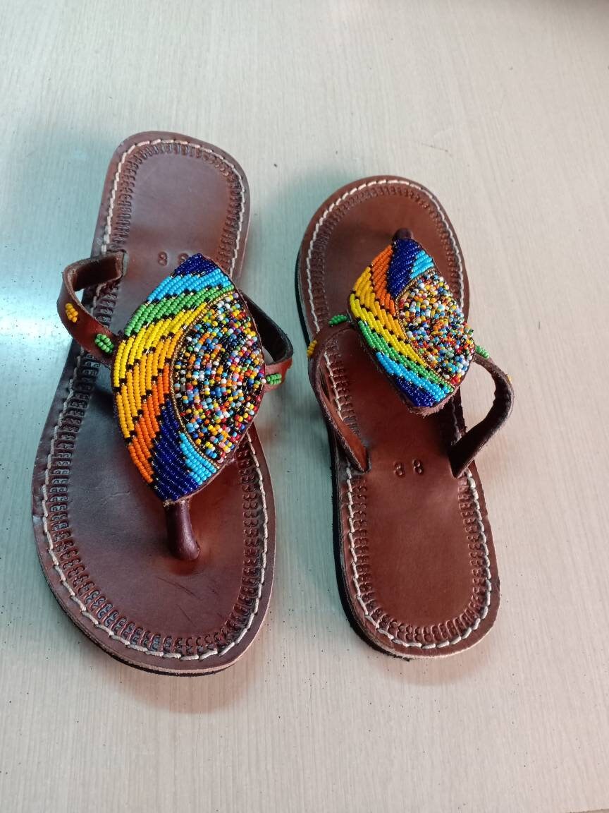 Handmade African Beaded Sandals/Authentic Maasai-Style Leather Flip-Flops Women/Boho Beach Sandals/Comfortable Summer Sandal African Gifts