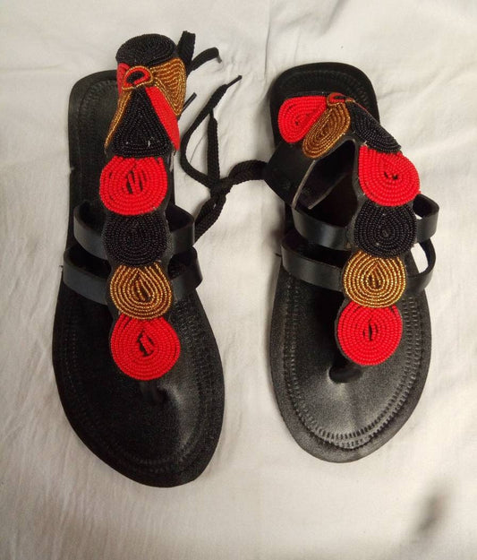 Handmade African Beaded Sandals/Authentic Maasai-Style Leather Flip-Flops Women/Boho Beach Sandals/Comfortable Summer Sandal African Gifts