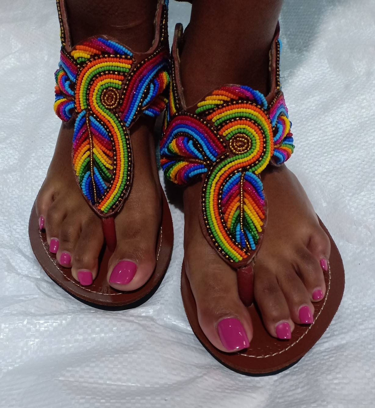 Handmade African Beaded Sandals/Authentic Maasai-Style Leather Flip-Flops Women/Boho Beach Sandals/Comfortable Summer Sandal African Gifts