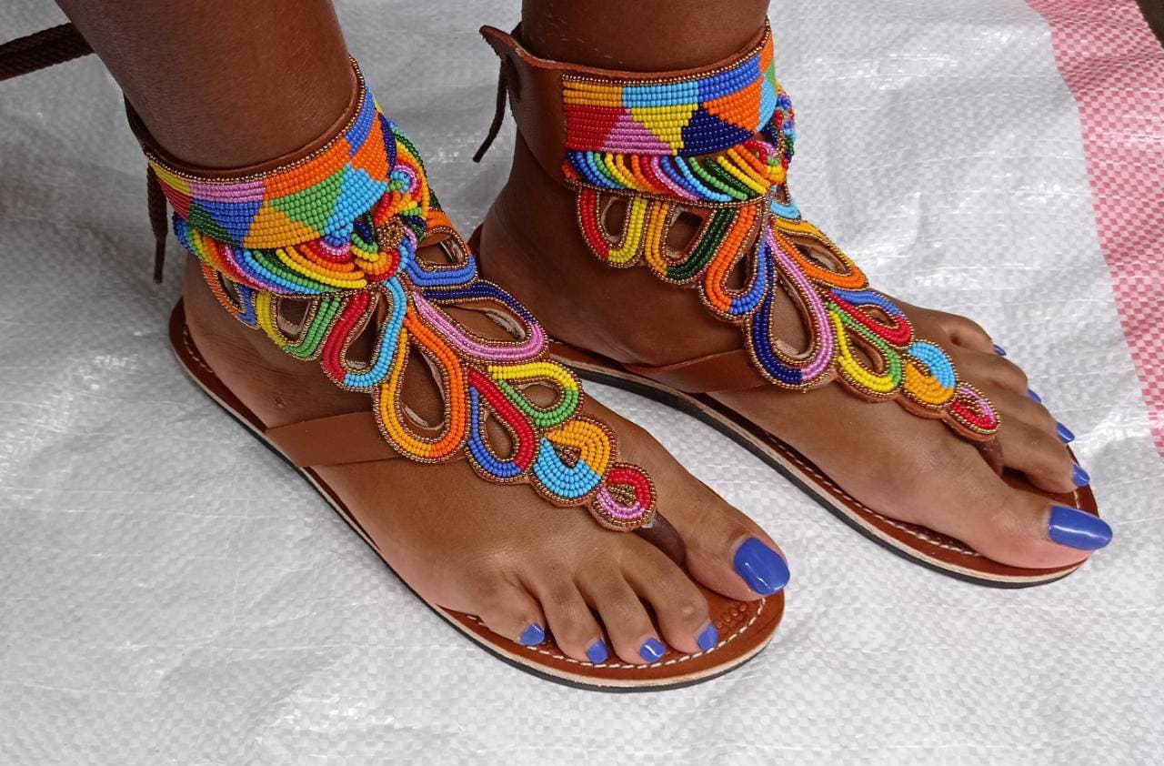 Handmade African Beaded Sandals/Authentic Maasai-Style Leather Flip-Flops Women/Boho Beach Sandals/Comfortable Summer Sandal African Gifts