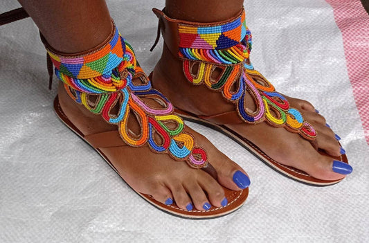 Handmade African Beaded Sandals/Authentic Maasai-Style Leather Flip-Flops Women/Boho Beach Sandals/Comfortable Summer Sandal African Gifts