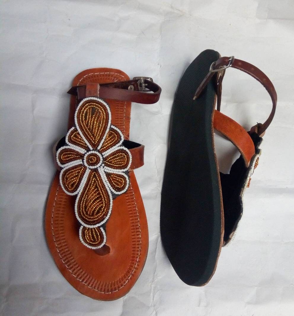 Handmade African Beaded Sandals/Authentic Maasai-Style Leather Flip-Flops Women/Boho Beach Sandals/Comfortable Summer Sandal African Gifts