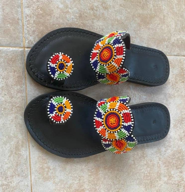 Handmade African Beaded Sandals/Authentic Maasai-Style Leather Flip-Flops Women/Boho Beach Sandals/Comfortable Summer Sandal African Gifts