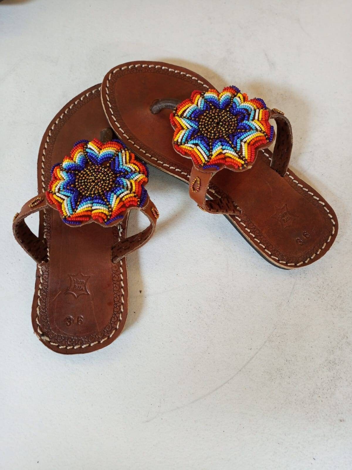 Handmade African Beaded Sandals/Authentic Maasai-Style Leather Flip-Flops Women/Boho Beach Sandals/Comfortable Summer Sandal African Gifts