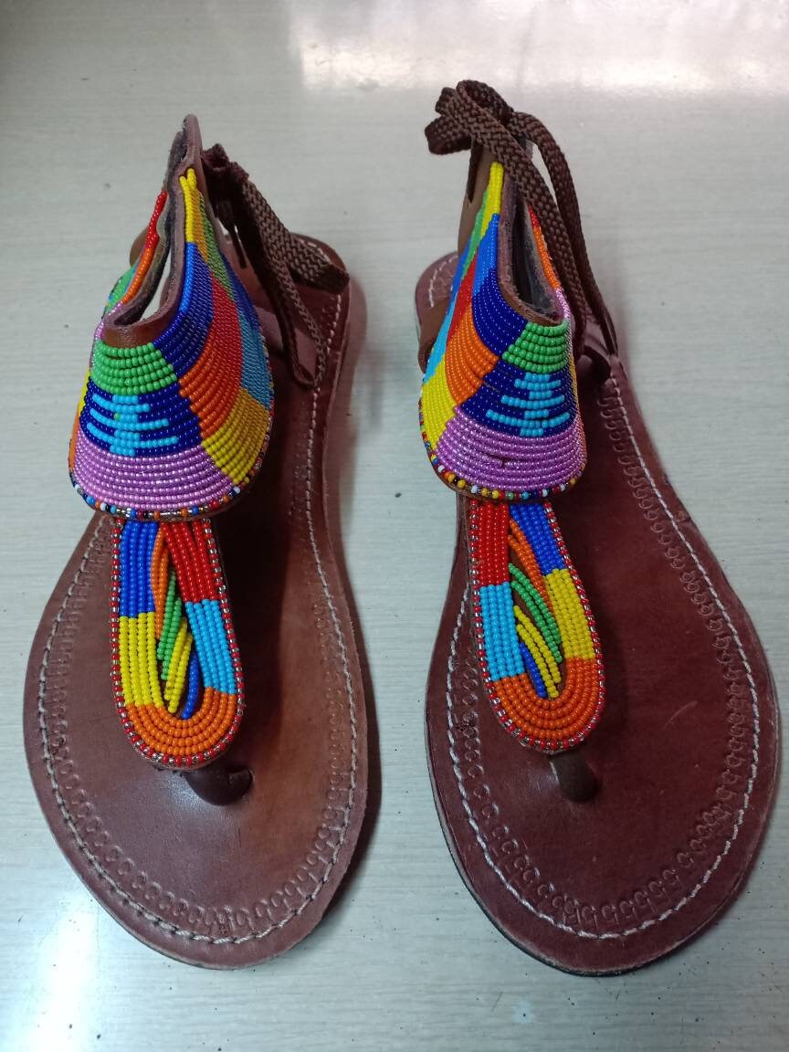 Handmade African Beaded Sandals/Authentic Maasai-Style Leather Flip-Flops Women/Boho Beach Sandals/Comfortable Summer Sandal African Gifts