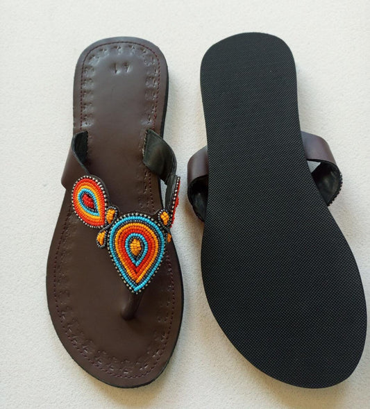 Handmade African Beaded Sandals/Authentic Maasai-Style Leather Flip-Flops Women/Boho Beach Sandals/Comfortable Summer Sandal African Gifts