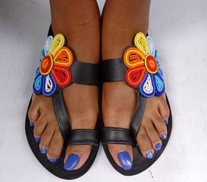 Handmade African Beaded Sandals/Authentic Maasai-Style Leather Flip-Flops Women/Boho Beach Sandals/Comfortable Summer Sandal African Gifts