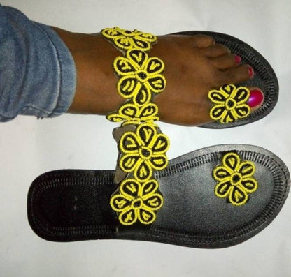 Handmade African Beaded Sandals/Authentic Maasai-Style Leather Flip-Flops Women/Boho Beach Sandals/Comfortable Summer Sandal African Gifts
