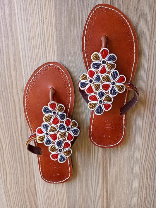 Handmade African Beaded Sandals/Authentic Maasai-Style Leather Flip-Flops Women/Boho Beach Sandals/Comfortable Summer Sandal African Gifts