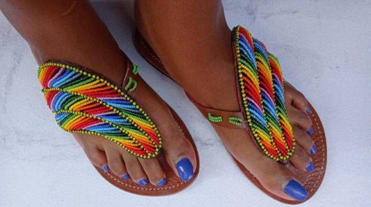 Handmade African Beaded Sandals/Authentic Maasai-Style Leather Flip-Flops Women/Boho Beach Sandals/Comfortable Summer Sandal African Gifts