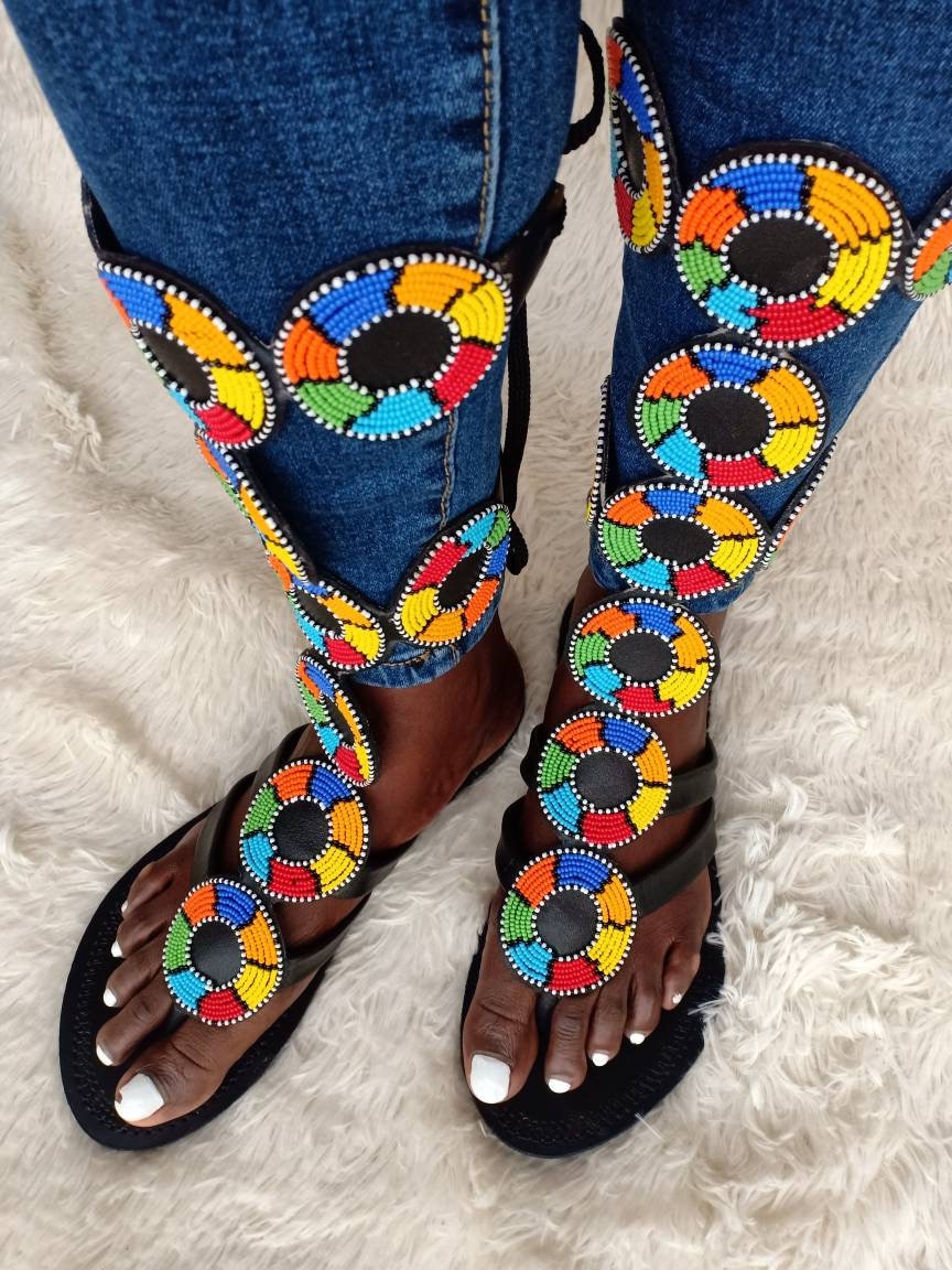 Handmade African Beaded Sandals/Authentic Maasai-Style Leather Flip-Flops Women/Boho Beach Sandals/Comfortable Summer Sandal African Gifts