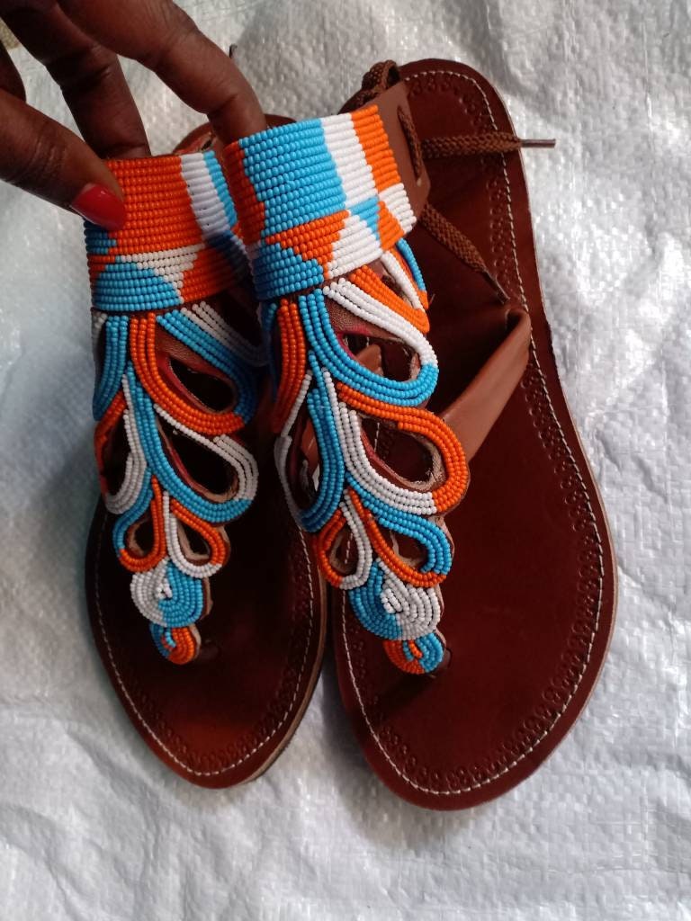 Handmade African Beaded Sandals/Authentic Maasai-Style Leather Flip-Flops Women/Boho Beach Sandals/Comfortable Summer Sandal African Gifts