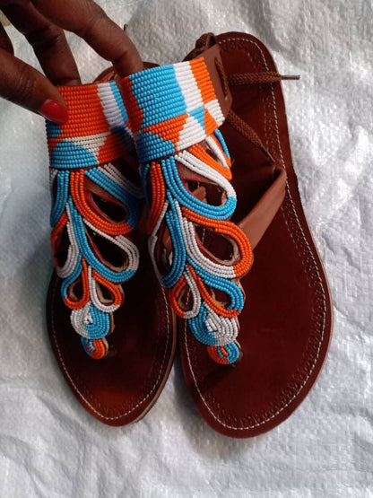 Handmade African Beaded Sandals/Authentic Maasai-Style Leather Flip-Flops Women/Boho Beach Sandals/Comfortable Summer Sandal African Gifts