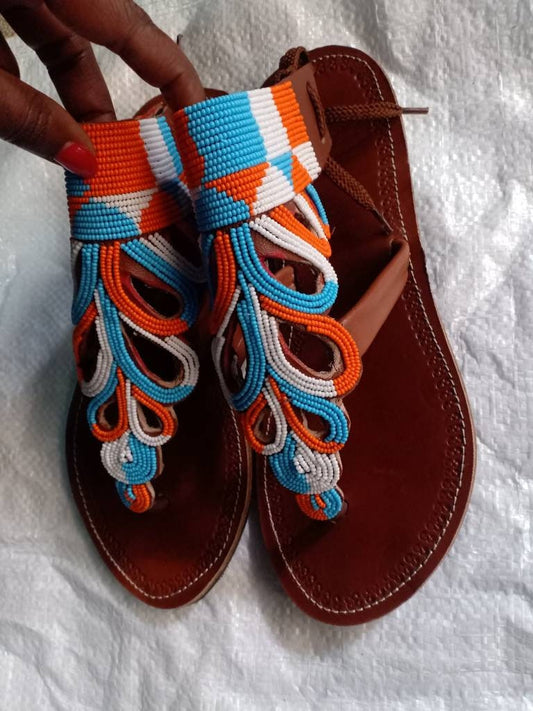Handmade African Beaded Sandals/Authentic Maasai-Style Leather Flip-Flops Women/Boho Beach Sandals/Comfortable Summer Sandal African Gifts