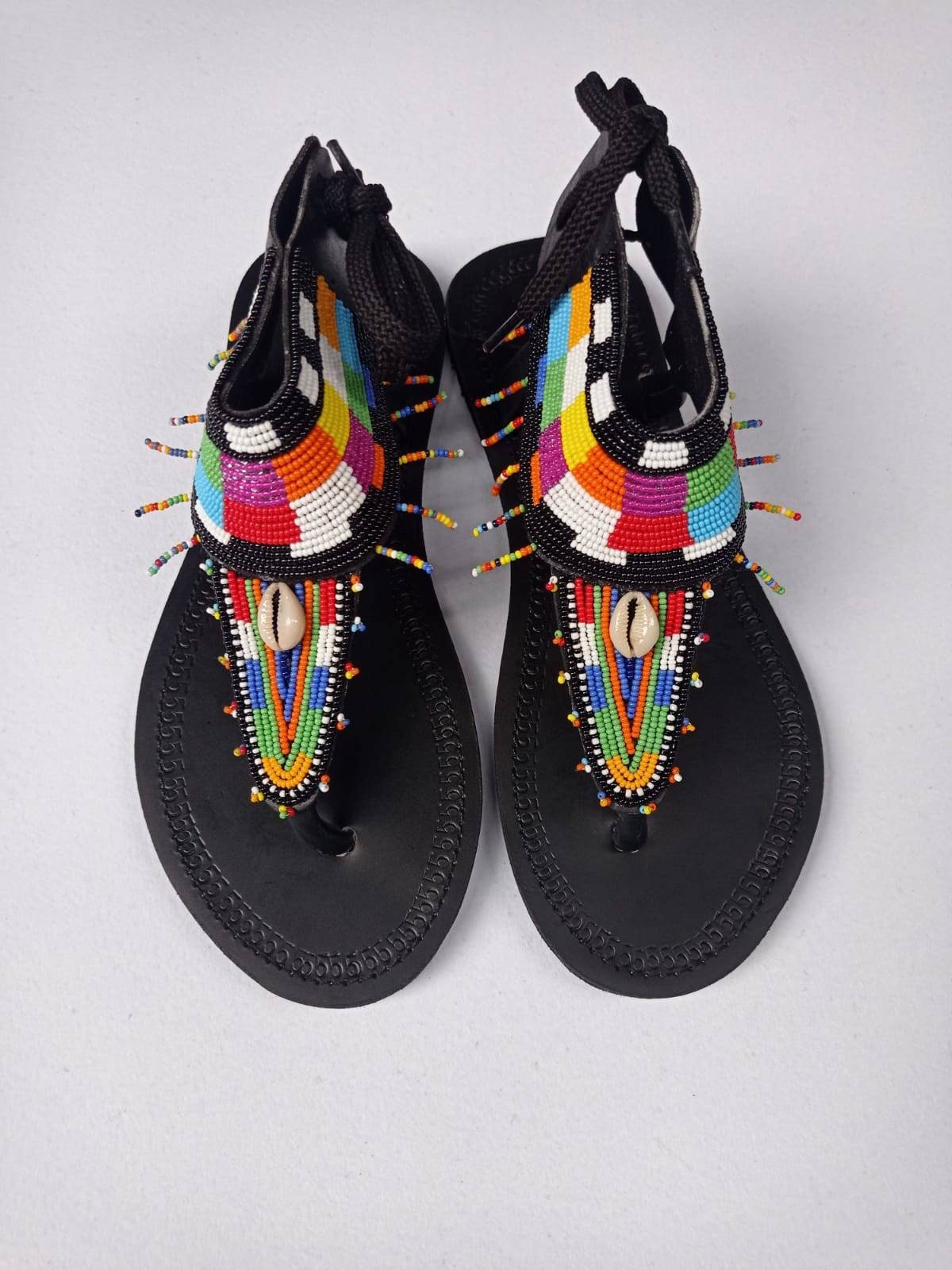 Handmade African Beaded Sandals/Authentic Maasai-Style Leather Flip-Flops Women/Boho Beach Sandals/Comfortable Summer Sandal African Gifts