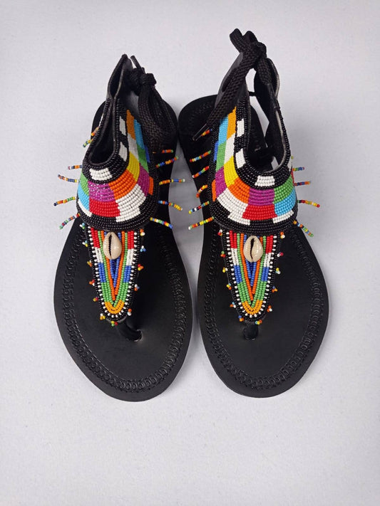 Handmade African Beaded Sandals/Authentic Maasai-Style Leather Flip-Flops Women/Boho Beach Sandals/Comfortable Summer Sandal African Gifts