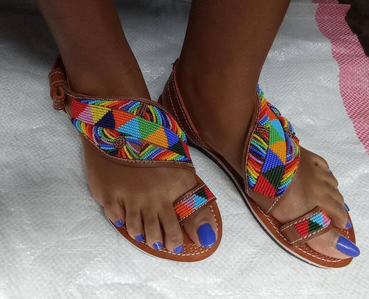 Handmade African Beaded Sandals/Authentic Maasai-Style Leather Flip-Flops Women/Boho Beach Sandals/Comfortable Summer Sandal African Gifts