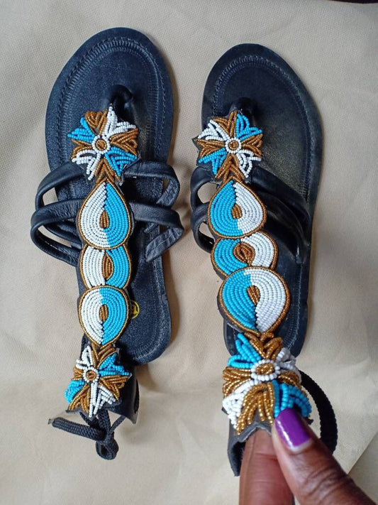 Handmade African Beaded Sandals/Authentic Maasai-Style Leather Flip-Flops Women/Boho Beach Sandals/Comfortable Summer Sandal African Gifts