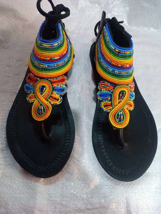 Handmade African Beaded Sandals/Authentic Maasai-Style Leather Flip-Flops Women/Boho Beach Sandals/Comfortable Summer Sandal African Gifts