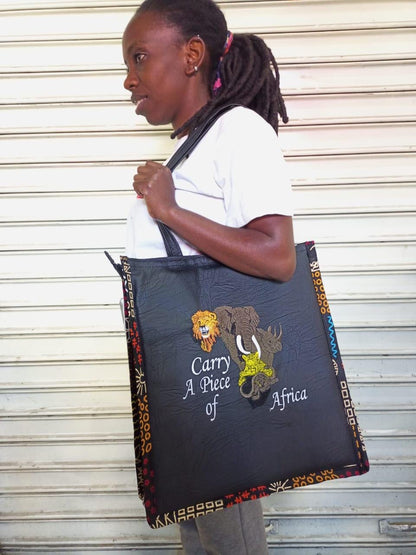 Carry a piece of Africa tote bag Leather Tote bag, handcrafted laptop bag,Black woman modern African tote bag,Stylish tote bag, mother's bag