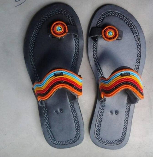 Handmade African Beaded Sandals/Authentic Maasai-Style Leather Flip-Flops Women/Boho Beach Sandals/Comfortable Summer Sandal African Gifts