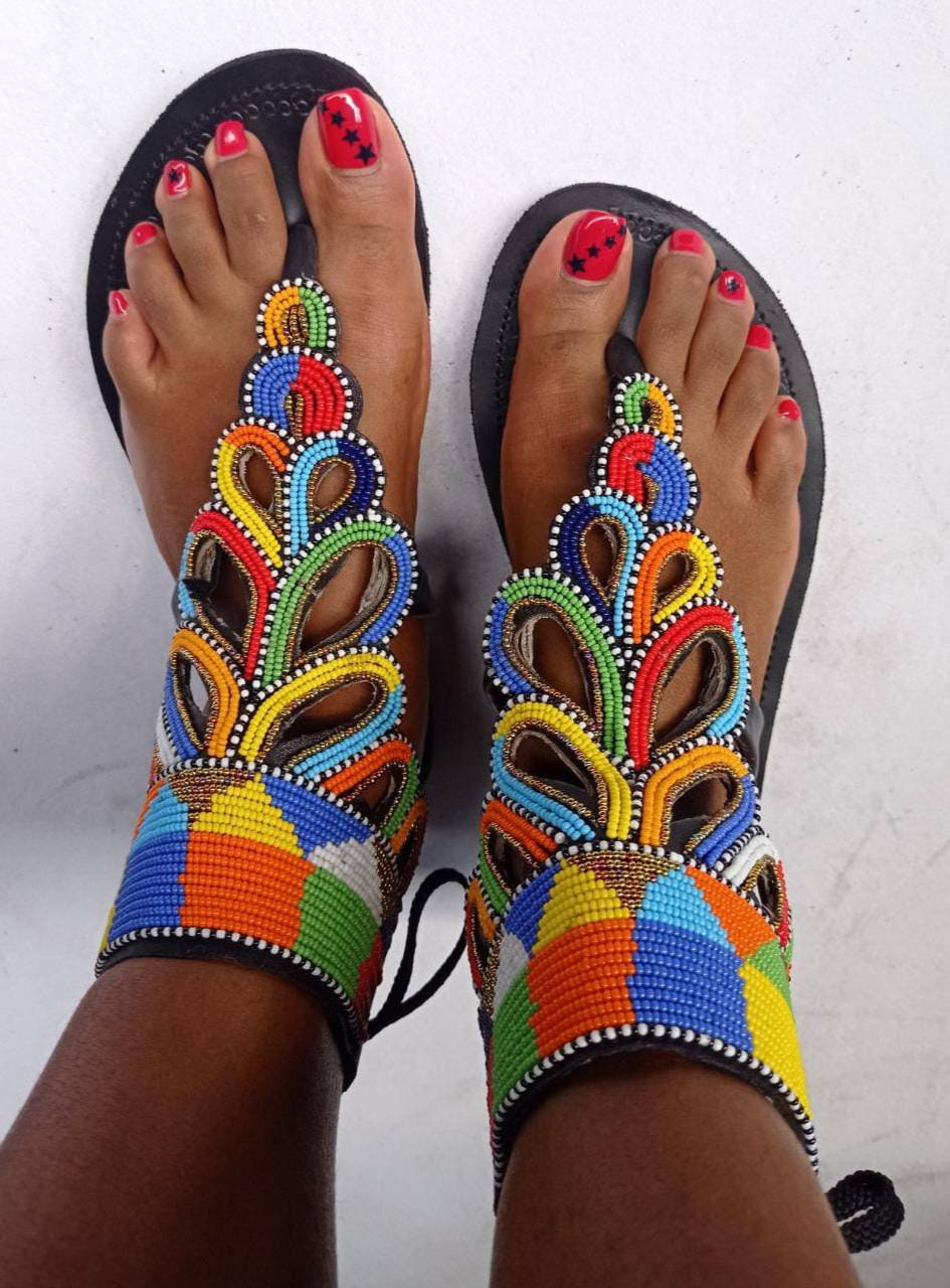 Handmade African Beaded Sandals/Authentic Maasai-Style Leather Flip-Flops Women/Boho Beach Sandals/Comfortable Summer Sandal African Gifts