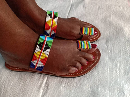 Handmade African Beaded Sandals/Authentic Maasai-Style Leather Flip-Flops Women/Boho Beach Sandals/Comfortable Summer Sandal African Gifts