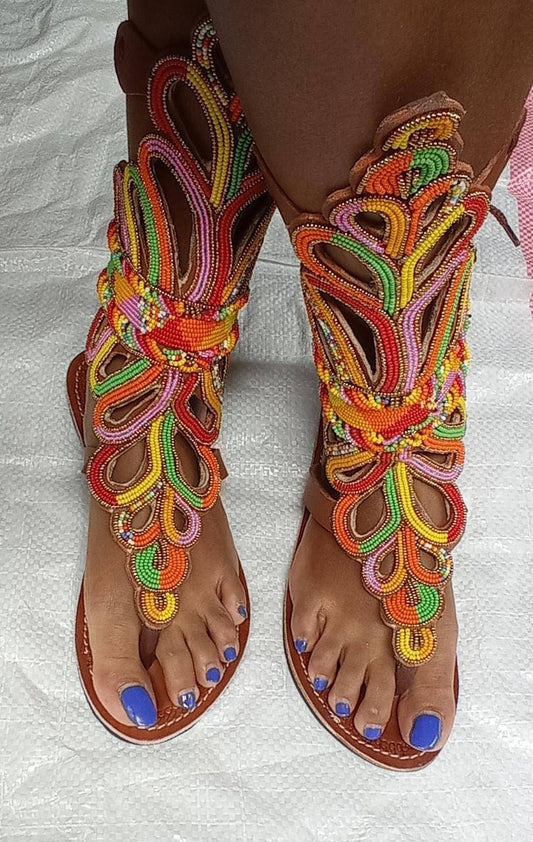 Handmade African Beaded Sandals/Authentic Maasai-Style Leather Flip-Flops Women/Boho Beach Sandals/Comfortable Summer Sandal African Gifts