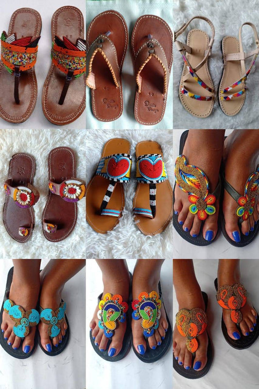 Handmade African Beaded Sandals/Authentic Maasai-Style Leather Flip-Flops Women/Boho Beach Sandals/Comfortable Summer Sandal African Gifts