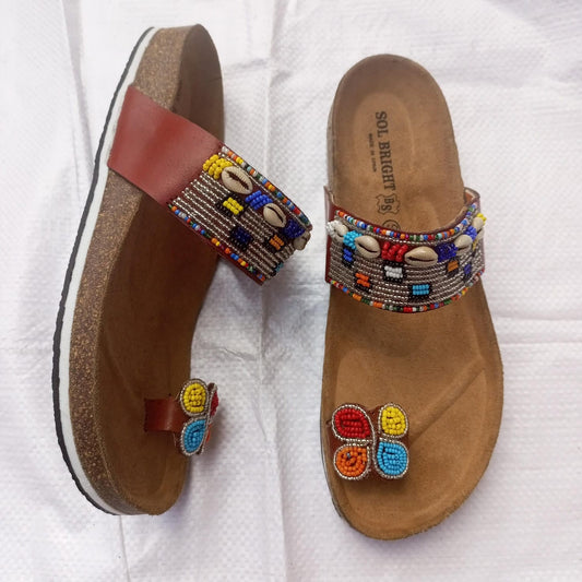Handmade African Beaded Sandals/Authentic Maasai-Style Leather Flip-Flops Women/Boho Beach Sandals/Comfortable Summer Sandal African Gifts