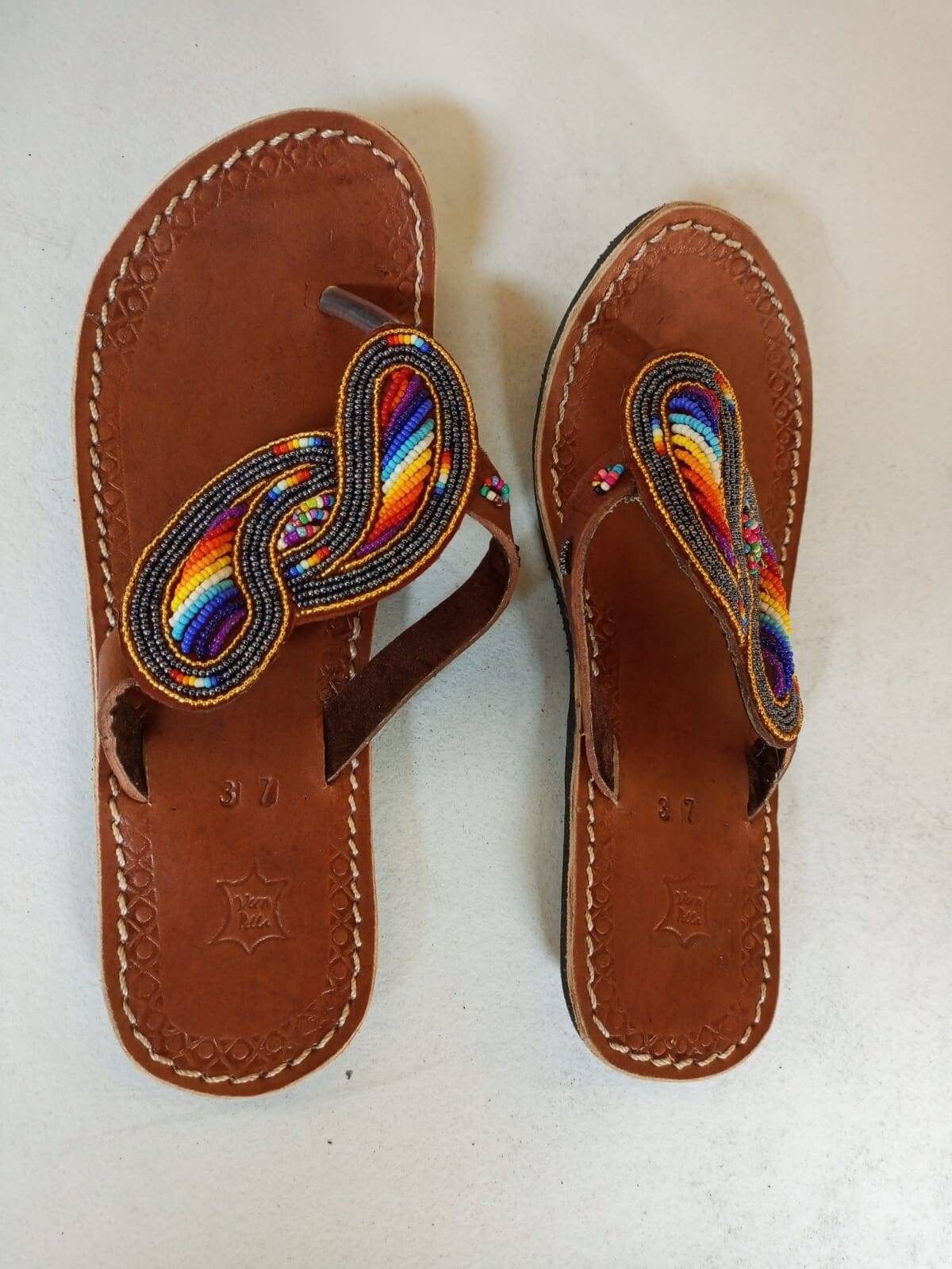 Handmade African Beaded Sandals/Authentic Maasai-Style Leather Flip-Flops Women/Boho Beach Sandals/Comfortable Summer Sandal African Gifts