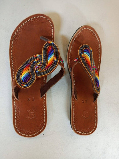 Handmade African Beaded Sandals/Authentic Maasai-Style Leather Flip-Flops Women/Boho Beach Sandals/Comfortable Summer Sandal African Gifts