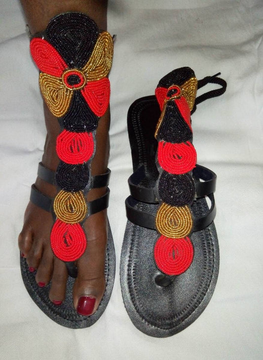 Handmade African Beaded Sandals/Authentic Maasai-Style Leather Flip-Flops Women/Boho Beach Sandals/Comfortable Summer Sandal African Gifts