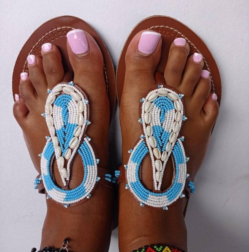 Handmade African Beaded Sandals/Authentic Maasai-Style Leather Flip-Flops Women/Boho Beach Sandals/Comfortable Summer Sandal African Gifts
