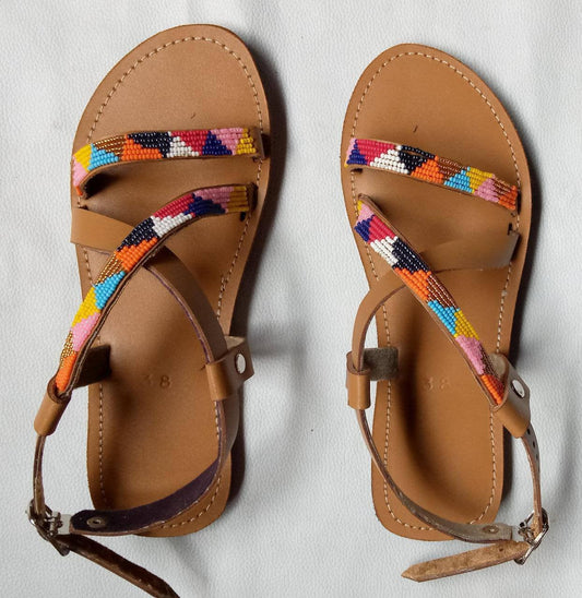 Handmade African Beaded Sandals/Authentic Maasai-Style Leather Flip-Flops Women/Boho Beach Sandals/Comfortable Summer Sandal African Gifts