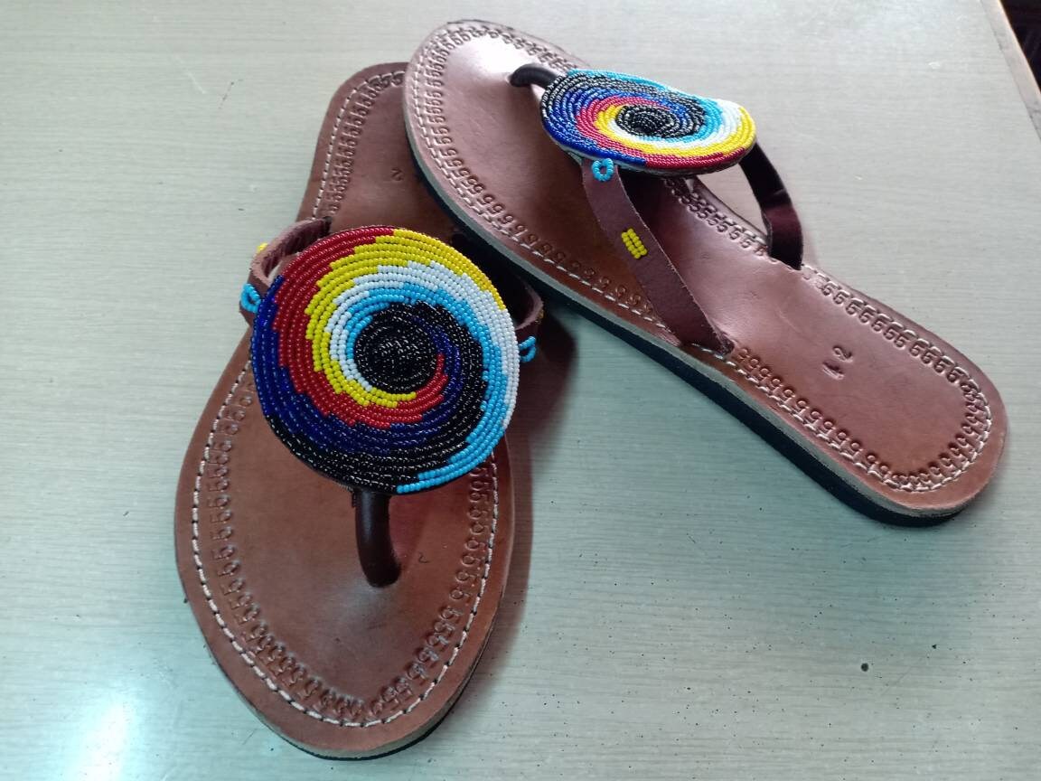 Handmade African Beaded Sandals/Authentic Maasai-Style Leather Flip-Flops Women/Boho Beach Sandals/Comfortable Summer Sandal African Gifts