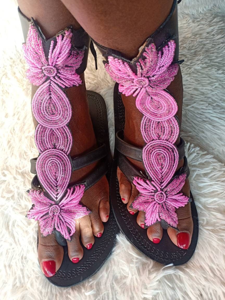 Handmade African Beaded Sandals/Authentic Maasai-Style Leather Flip-Flops Women/Boho Beach Sandals/Comfortable Summer Sandal African Gifts