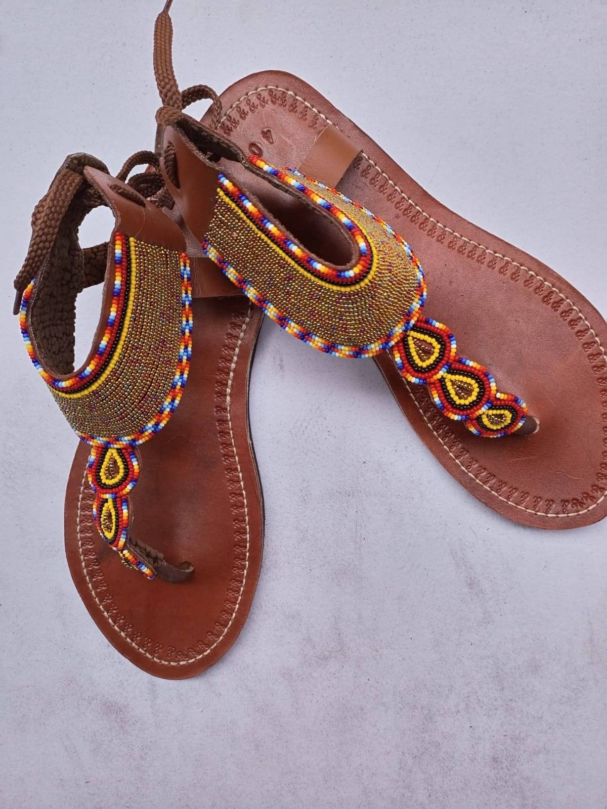 Handmade African Beaded Sandals/Authentic Maasai-Style Leather Flip-Flops Women/Boho Beach Sandals/Comfortable Summer Sandal African Gifts