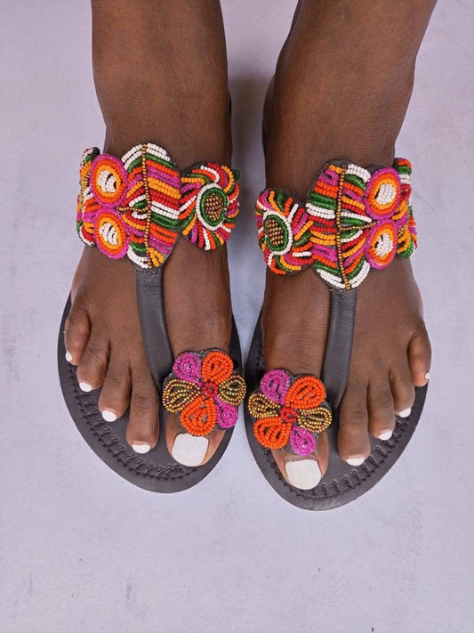 Handmade African Beaded Sandals/Authentic Maasai-Style Leather Flip-Flops Women/Boho Beach Sandals/Comfortable Summer Sandal African Gifts