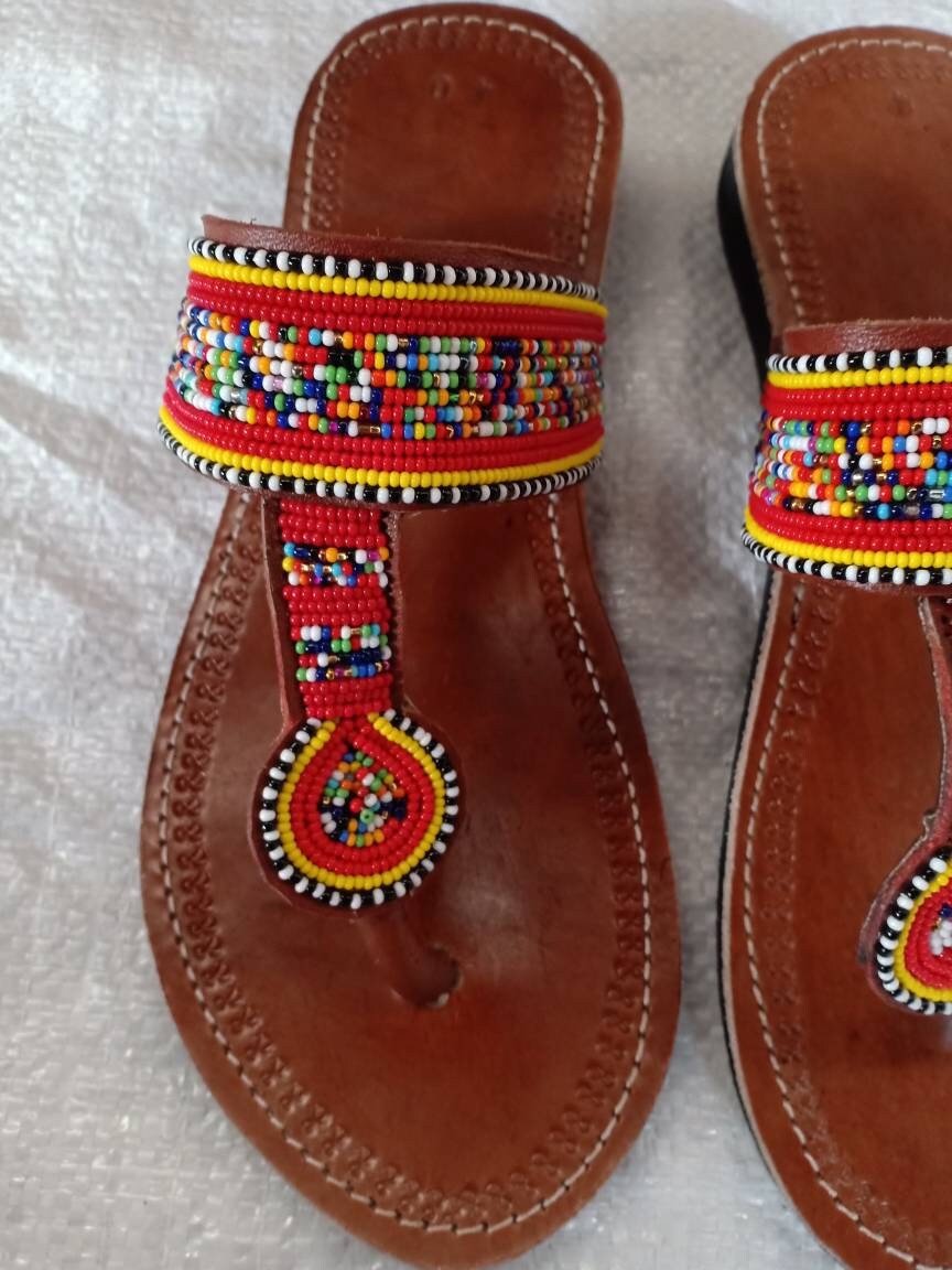 Handmade African Beaded Sandals/Authentic Maasai-Style Leather Flip-Flops Women/Boho Beach Sandals/Comfortable Summer Sandal African Gifts