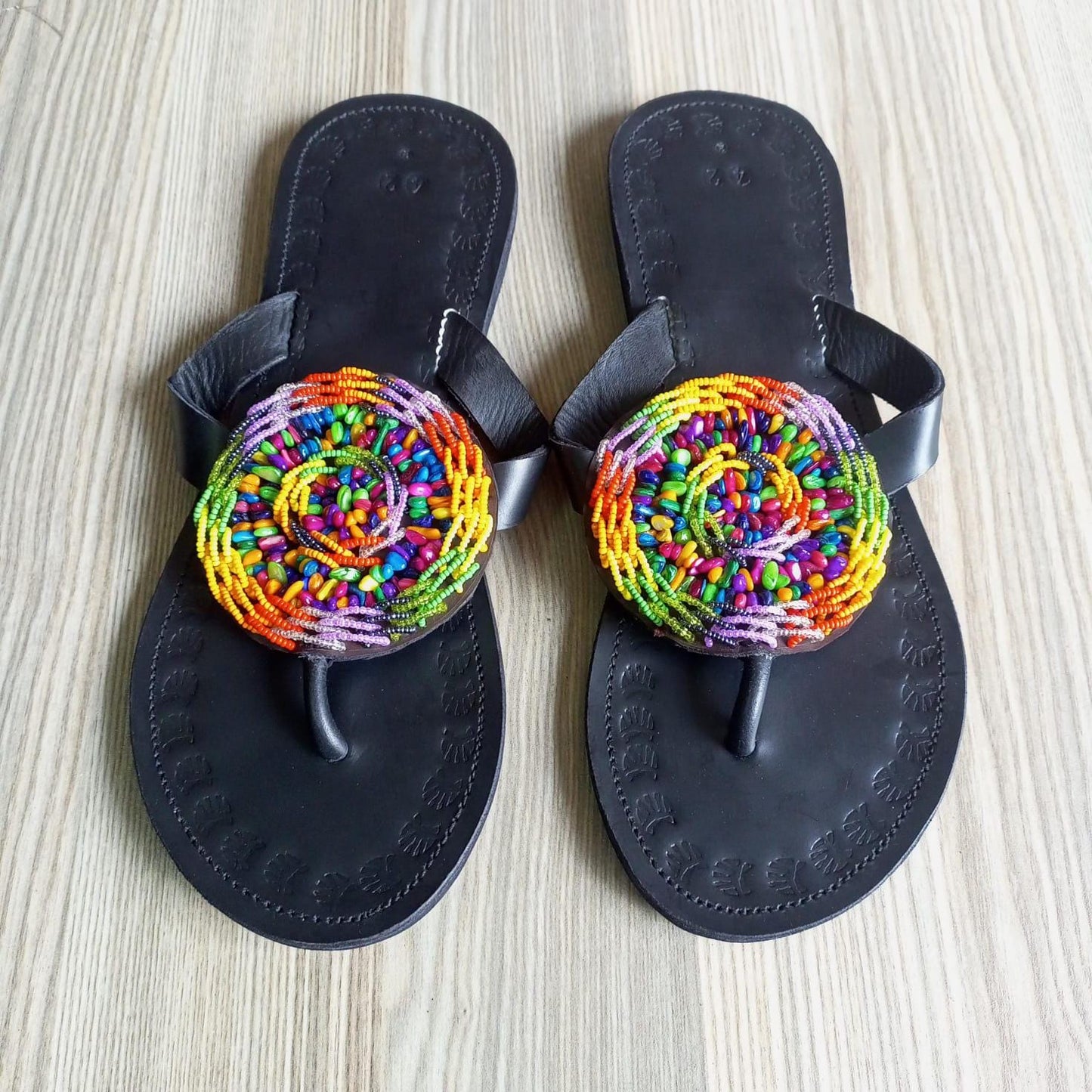 Handmade African Beaded Sandals/Authentic Maasai-Style Leather Flip-Flops Women/Boho Beach Sandals/Comfortable Summer Sandal African Gifts