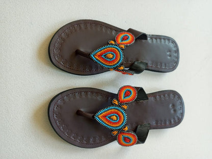 Handmade African Beaded Sandals/Authentic Maasai-Style Leather Flip-Flops Women/Boho Beach Sandals/Comfortable Summer Sandal African Gifts