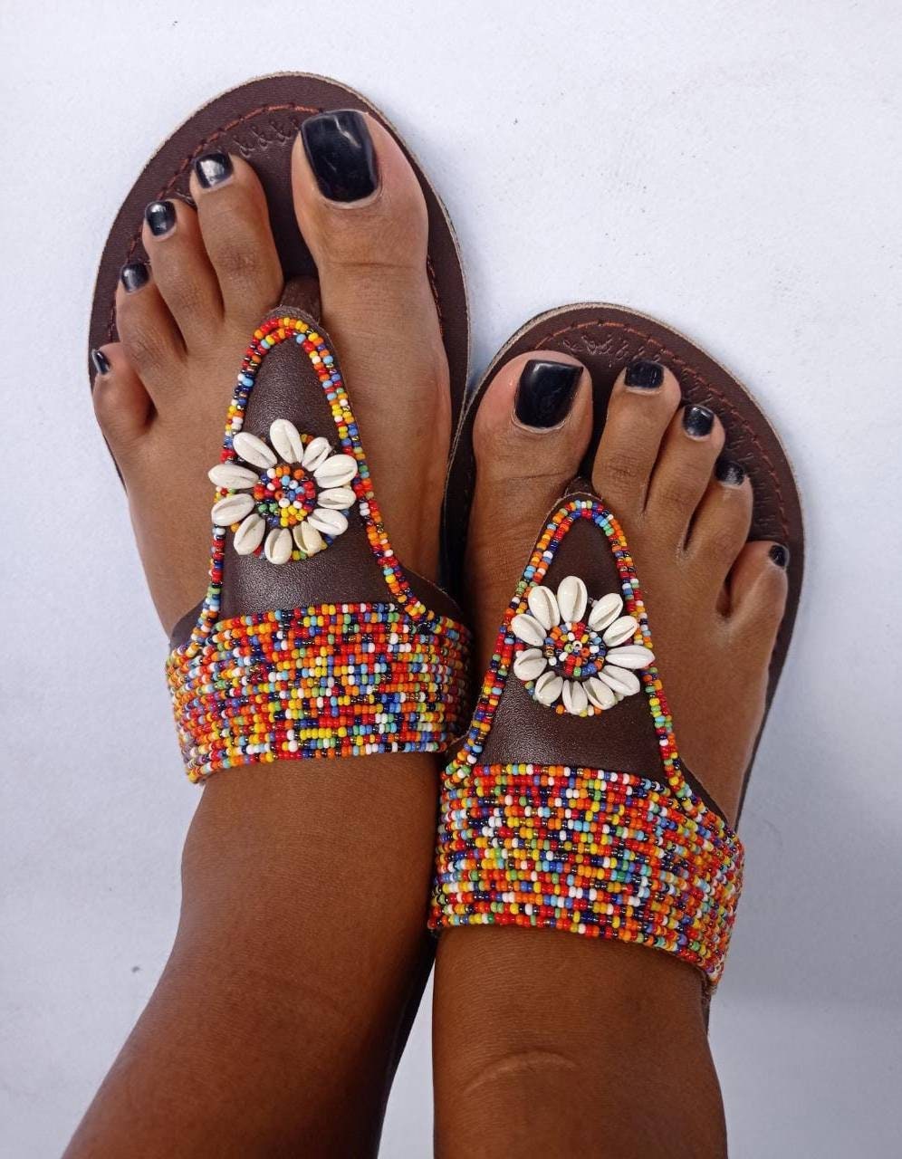 Handmade African Beaded Sandals/Authentic Maasai-Style Leather Flip-Flops Women/Boho Beach Sandals/Comfortable Summer Sandal African Gifts