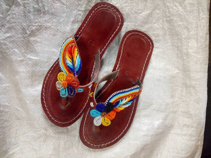 Handmade African Beaded Sandals/Authentic Maasai-Style Leather Flip-Flops Women/Boho Beach Sandals/Comfortable Summer Sandal African Gifts