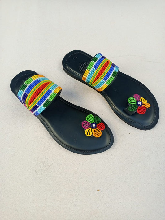 Handmade African Beaded Sandals/Authentic Maasai-Style Leather Flip-Flops Women/Boho Beach Sandals/Comfortable Summer Sandal African Gifts