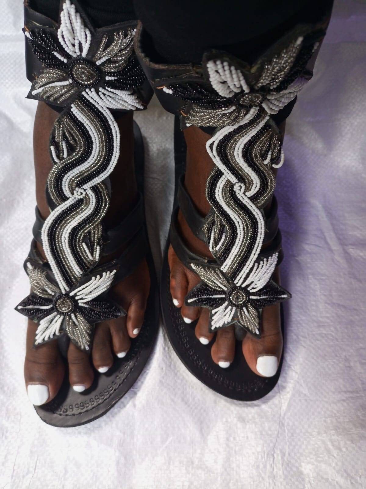 Handmade African Beaded Sandals/Authentic Maasai-Style Leather Flip-Flops Women/Boho Beach Sandals/Comfortable Summer Sandal African Gifts