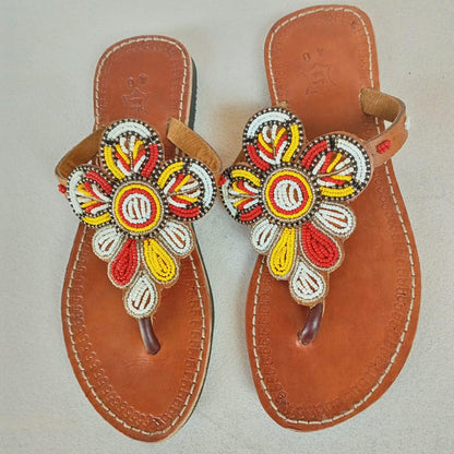 Handmade African Beaded Sandals/Authentic Maasai-Style Leather Flip-Flops Women/Boho Beach Sandals/Comfortable Summer Sandal African Gifts